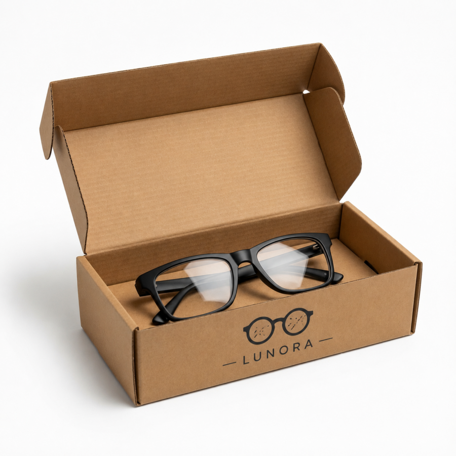 Caja para gafas abierta con gafas en el interior Caja para gafas de cartón abierta con gafas en su interior