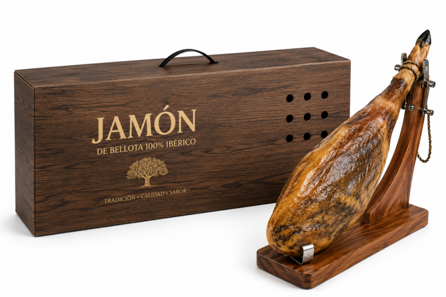 Caja para jamón premium personalizada Caja para jamón premium personalizada con asa y pata de jamón ibérico