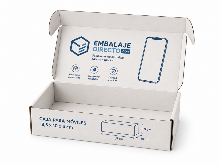 Caja para móviles 19,5x10x5 cm abierta Caja para móviles 19,5x10x5 cm abierta mostrando el interior para ecommerce y móviles reacondicionados