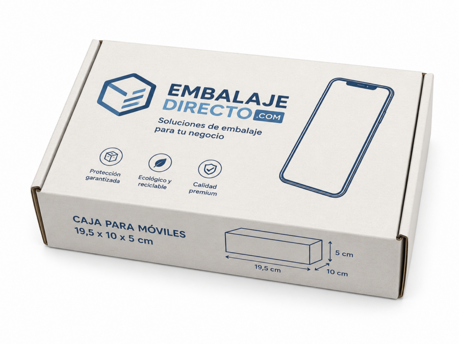 Caja para móviles 19,5x10x5 cm cerrada Caja para móviles 19,5x10x5 cm cerrada con medidas impresas para ecommerce y móviles reacondicionados