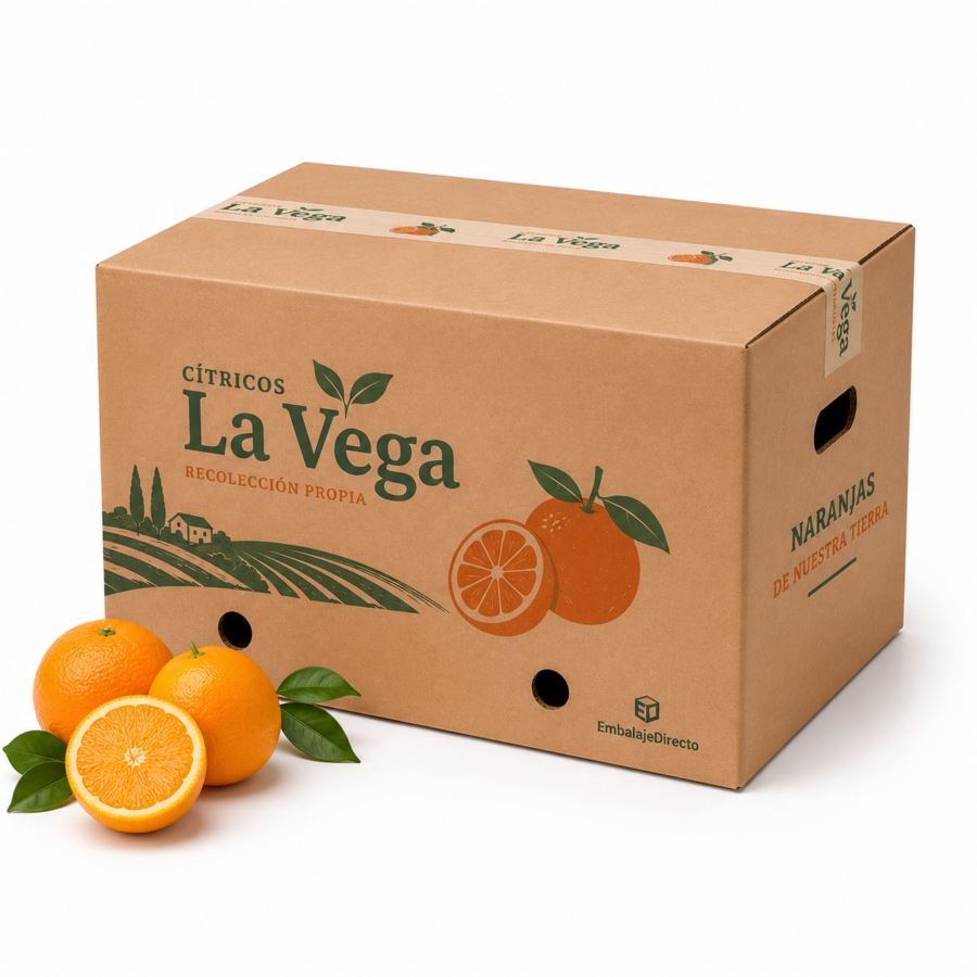Caja para naranjas 48x32x27 cm personalizada con precinto impreso