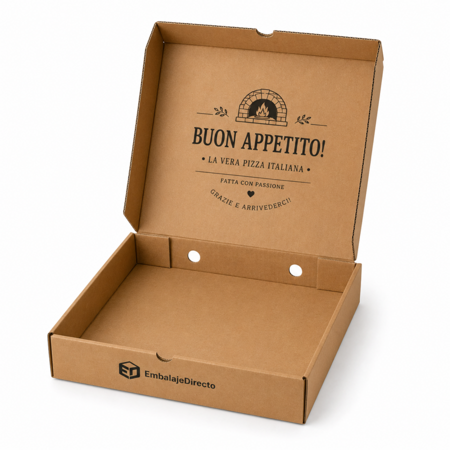 Caja pizza abierta con ventilación 24x24x4 cm Caja para pizza 24x24x4 cm abierta con agujeros de ventilación
