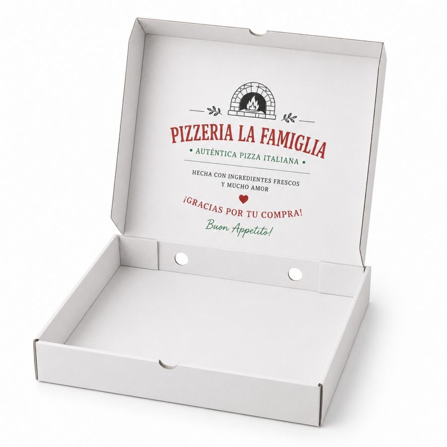 Caja para pizza blanca 30x30x4 cm abierta con ventilación e impresión interior