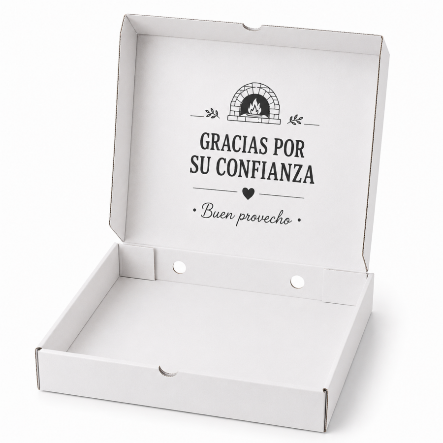Caja para pizza blanca 33x33x4 cm abierta con impresión interior y ventilación