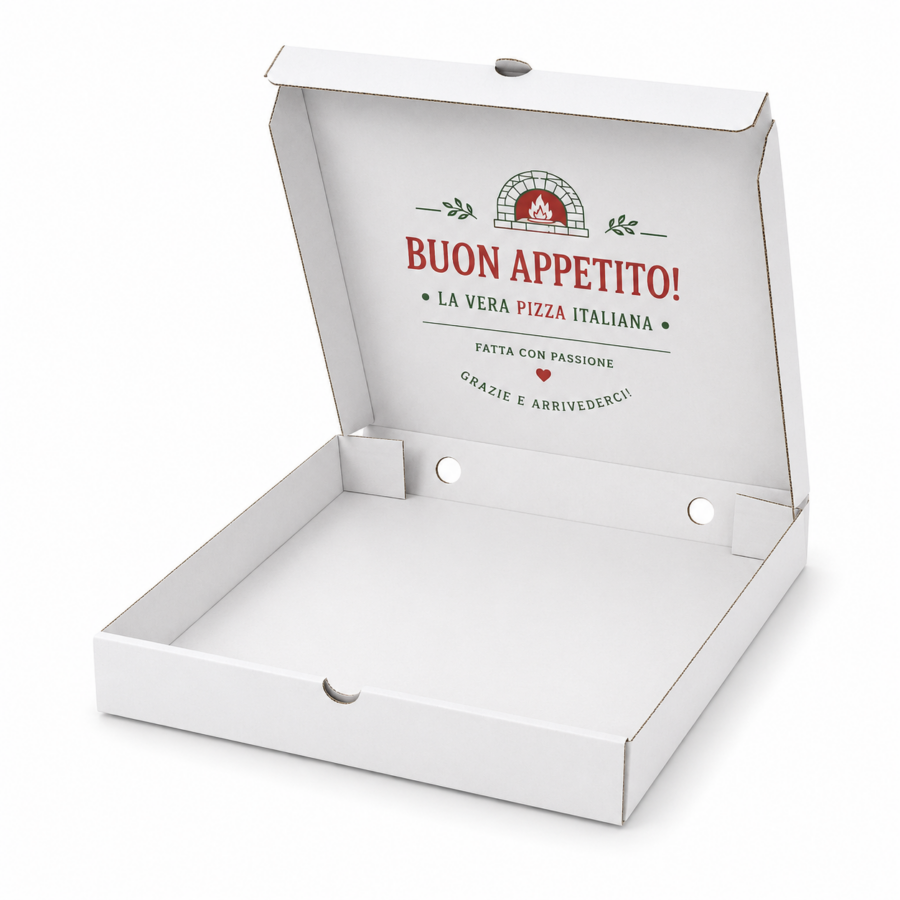 Caja para pizza 36x36x4 cm blanca personalizada abierta Caja para pizza 36x36x4 cm blanca personalizada abierta con impresión interior y sistema de ventilación