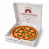 Caja para pizza personalizada 27x27x4 cm con impresión a color Caja para pizza personalizada 27x27x4 cm en cartón blanco con impresión corporativa y pizza en su interior