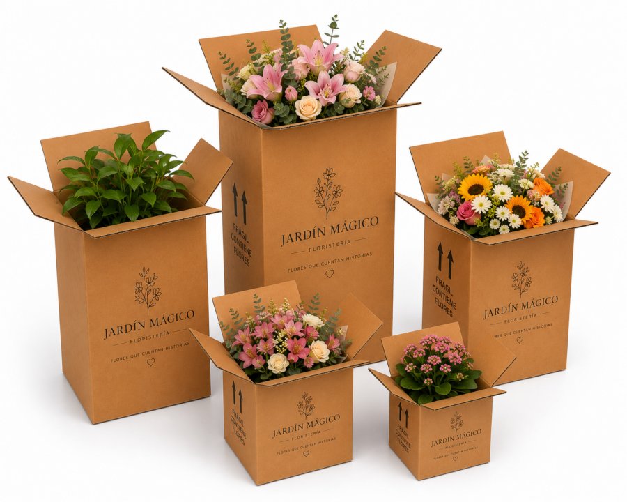Cajas para flores y plantas personalizadas en cartón kraft Cajas de cartón kraft para flores y plantas con diferentes alturas y diseños para floristerías y envíos ecommerce