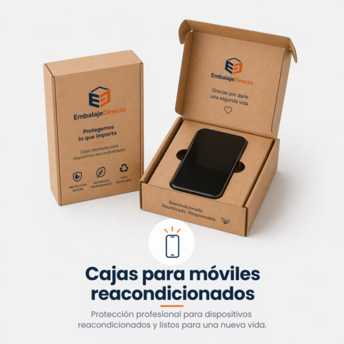 Caja para móviles reacondicionados con interior protector Caja para móviles reacondicionados con smartphone y soporte interior de cartón personalizado