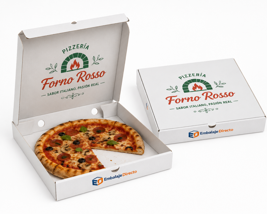 Cajas para pizza personalizadas blancas 36x36x4 cm Cajas para pizza personalizadas 36x36x4 cm en cartón blanco con impresión a color y pizza en su interior