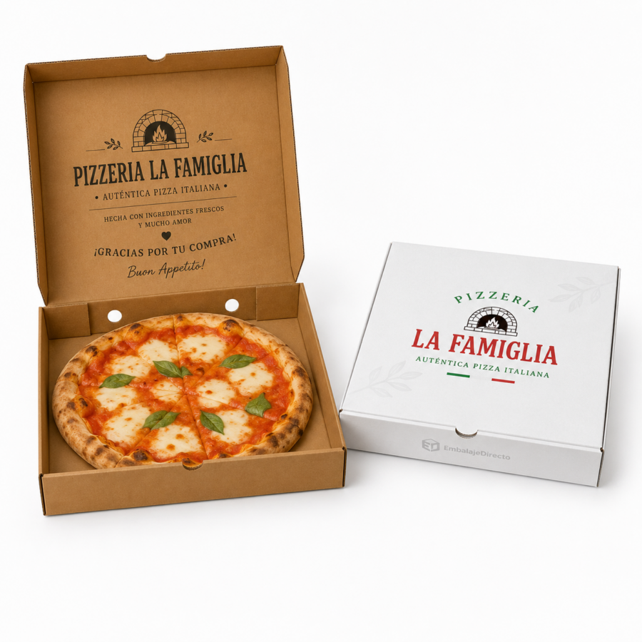 Cajas para pizza personalizadas 40x40x4 cm con impresión y pizza en su interior
