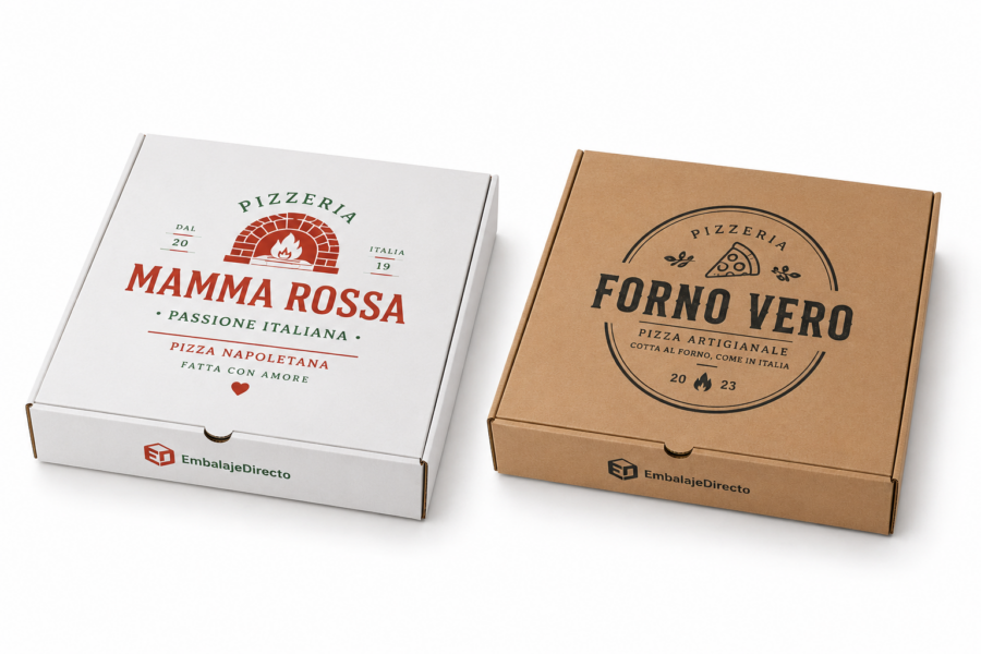 Cajas de pizza personalizadas kraft y blancas Cajas para pizza personalizadas en cartón kraft y blanco con impresión corporativa