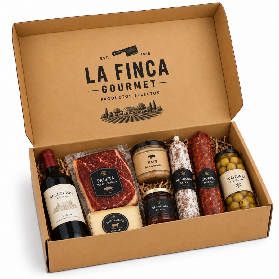 Caja gourmet 40x30x12 cm con productos gourmet, embutidos, queso, vino y conservas