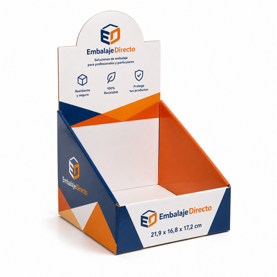Expositor de cartón de sobremesa personalizado 21,9 x 16,8 x 17,2 cm | Embalaje Directo Expositor de cartón de sobremesa personalizado 21,9 x 16,8 x 17,2 cm con cabecera impresa a todo color