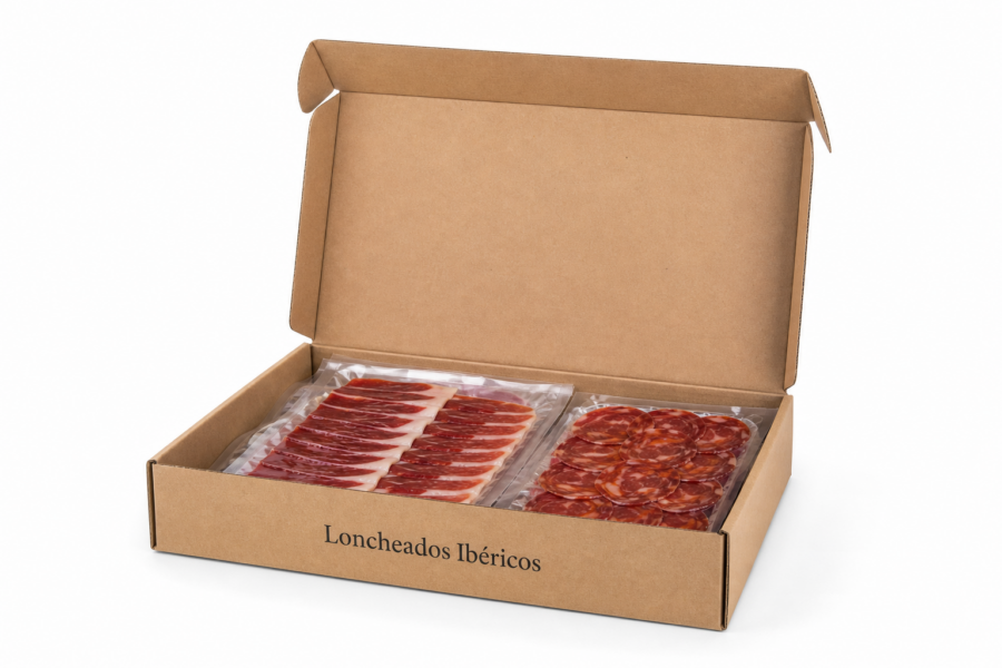 Caja abierta para loncheados ibéricos con jamón y lomo Caja para jamón ibérico loncheado abierta con jamón y lomo envasado
