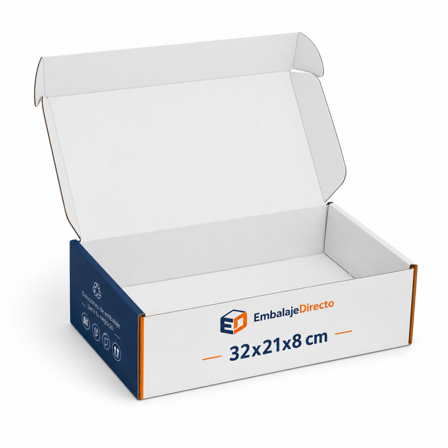Interior de caja automontable personalizada 32 x 21 x 8 cm | Embalaje Directo Caja automontable personalizada abierta de cartón 32 x 21 x 8 cm con tapa incorporada e impresión offset digital