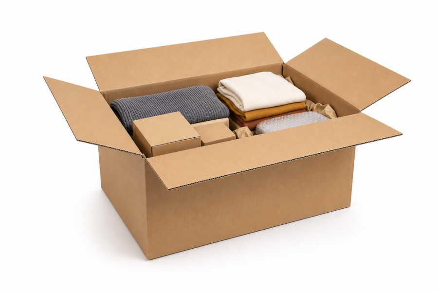 caja de cartón doble 79x59x40 cm abierta con productos y protección interior