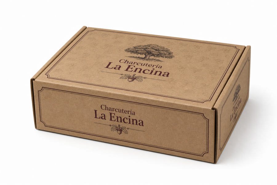 Caja kraft para charcutería personalizada La Encina Caja kraft personalizada para jamón ibérico loncheado y charcutería