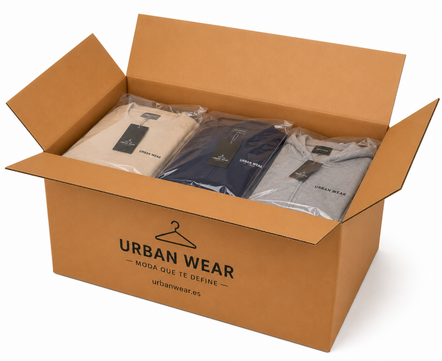 Caja logística B1 60x40x30 cm para envíos de ropa | Embalaje Directo Caja logística B1 de cartón canal doble 60x40x30 cm con prendas de ropa para envíos de ecommerce