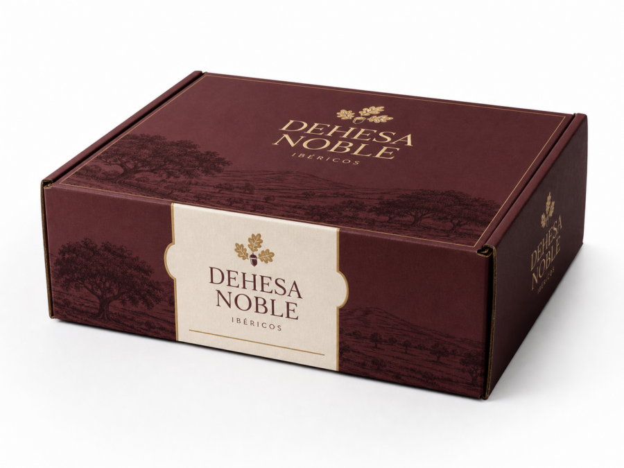 Caja personalizada para ibéricos Dehesa Noble packaging premium Caja personalizada para jamón ibérico loncheado con diseño premium de ibéricos
