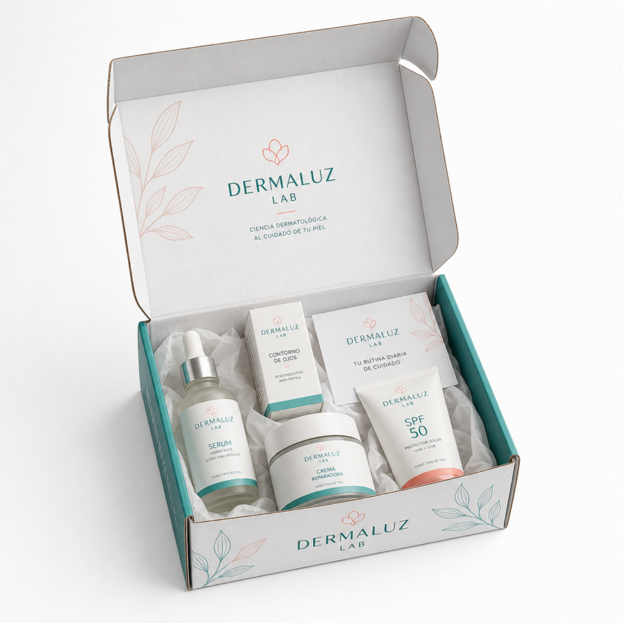 Caja para cosmética y farmacia 24x23x10 cm abierta con productos de parafarmacia