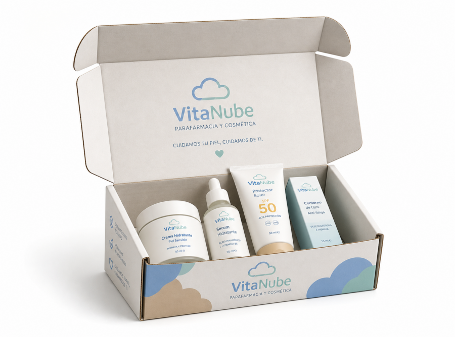 Caja para cosmética y farmacia abierta personalizada VitaNube Caja para cosmética y farmacia 25x18,5x9,5 cm abierta con productos de parafarmacia