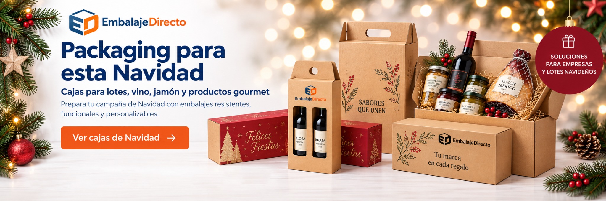 Cajas de Navidad para empresas con lotes de vino, jamón y productos gourmet