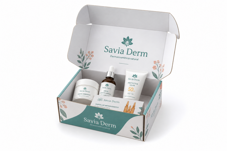 Caja para cosmética y farmacia abierta personalizada Savia Derm Caja para cosmética y farmacia 22x15,5x9,5 cm abierta con productos de cosmética