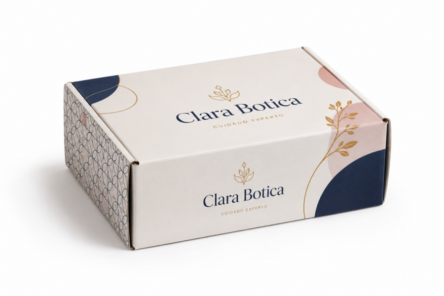 Caja para cosmética y farmacia cerrada personalizada Clara Botica Caja para cosmética y farmacia 22x15,5x9,5 cm cerrada personalizada para marca premium