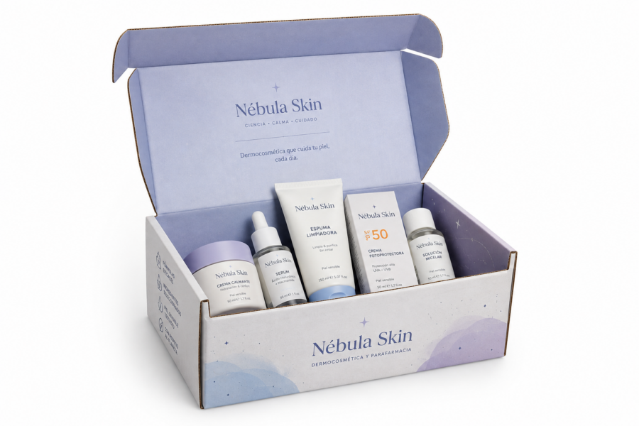 Caja para cosmética y farmacia abierta personalizada Nébula Skin Caja para cosmética y farmacia 29x17,5x11,5 cm abierta con productos de parafarmacia