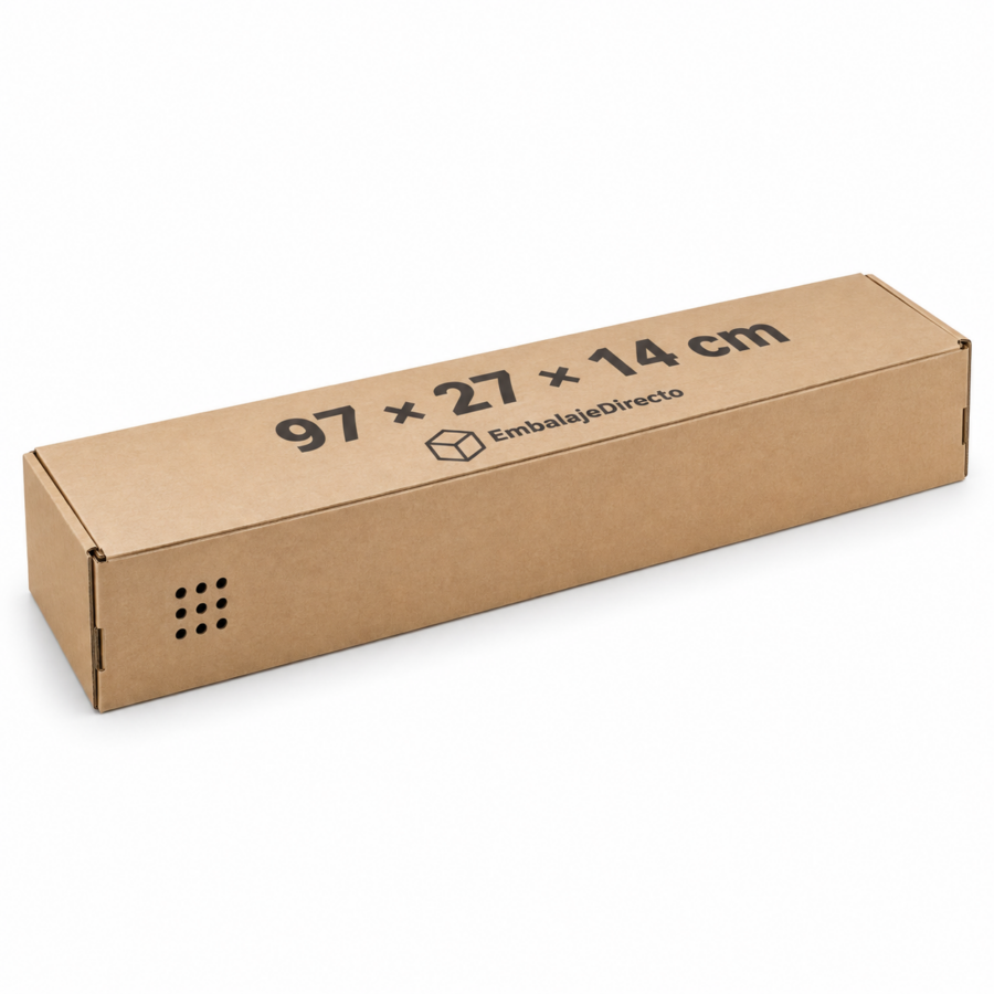 Caja para jamones grandes 97×27×14 cm | Embalaje Directo Caja para jamones grandes 97×27×14 cm de cartón kraft con medida y agujeros laterales