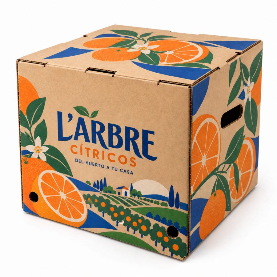 Caja para naranjas personalizada con impresión digital L’Arbre Cítricos Caja para naranjas 5 a 10 kg personalizada con impresión digital de L’Arbre Cítricos