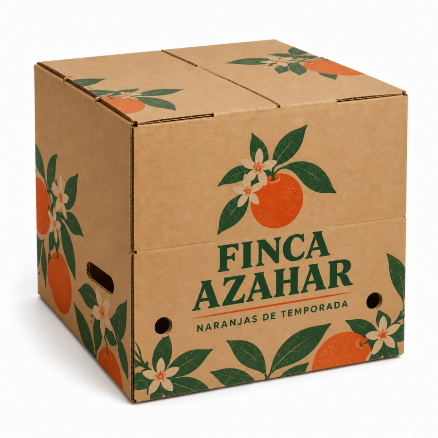 Caja para naranjas personalizada con impresión flexográfica Finca Azahar Caja para naranjas 5 a 10 kg personalizada con impresión flexográfica Finca Azahar