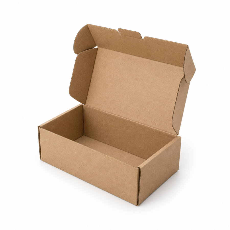 Caja automontable abierta para envíos ecommerce Caja automontable abierta para envíos ecommerce con interior y solapas visibles