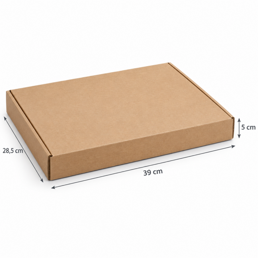 Medidas caja automontable 39 × 28,5 × 5 cm Vista de la caja automontable plana con flechas de medidas 39 cm, 28,5 cm y 5 cm.
