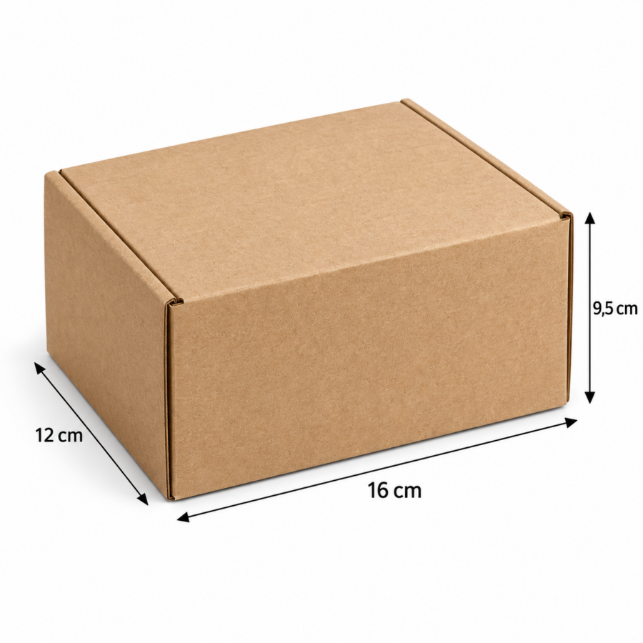 Medidas caja ecommerce microcanal 16 × 12 × 9,5 cm Cotas de largo, ancho y alto de caja ecommerce microcanal de 16 × 12 × 9,5 cm