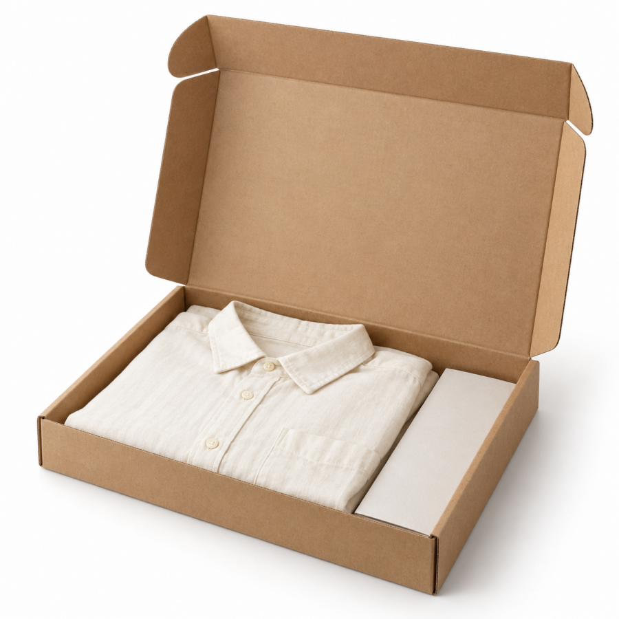 03-caja-abierta-ropa Caja automontable de cartón kraft abierta con una prenda doblada en el interior.