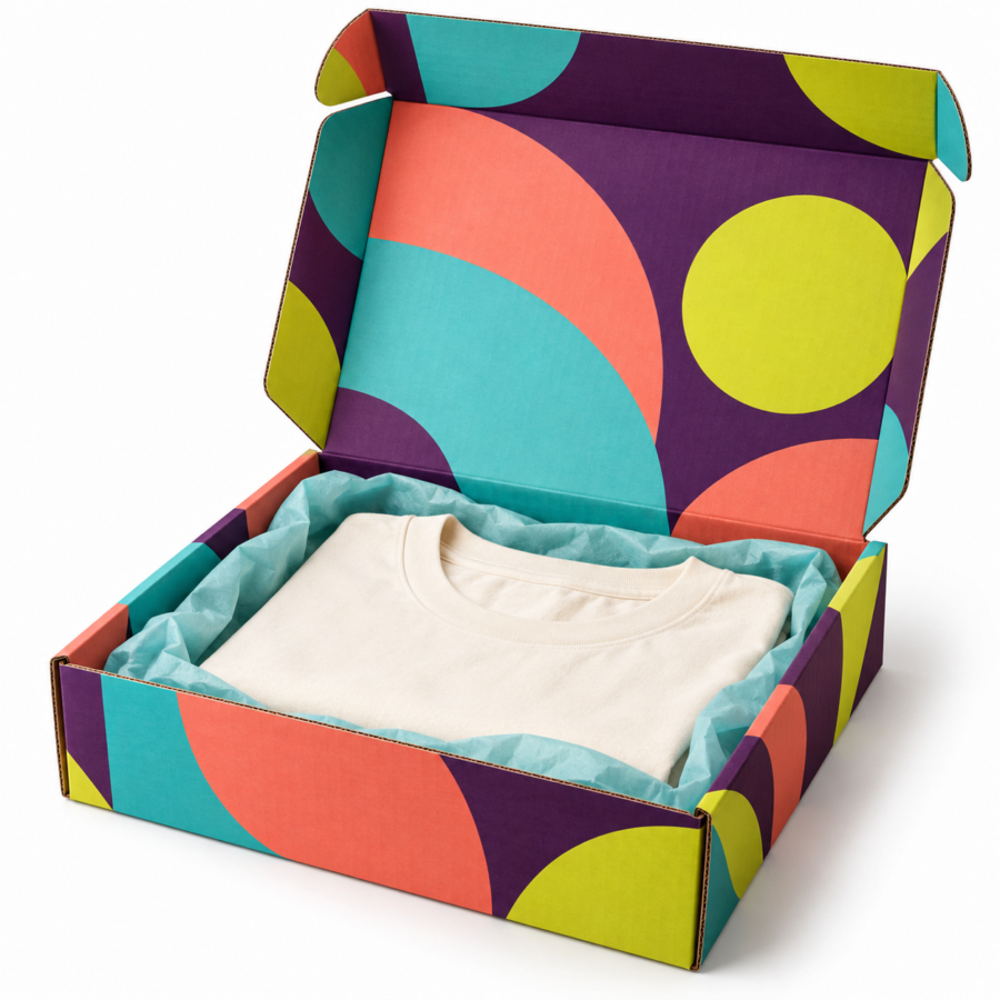 Caja automontable 29x28x9 cm abierta con impresión digital Caja automontable 29x28x9 cm abierta con impresión digital a todo color y camiseta