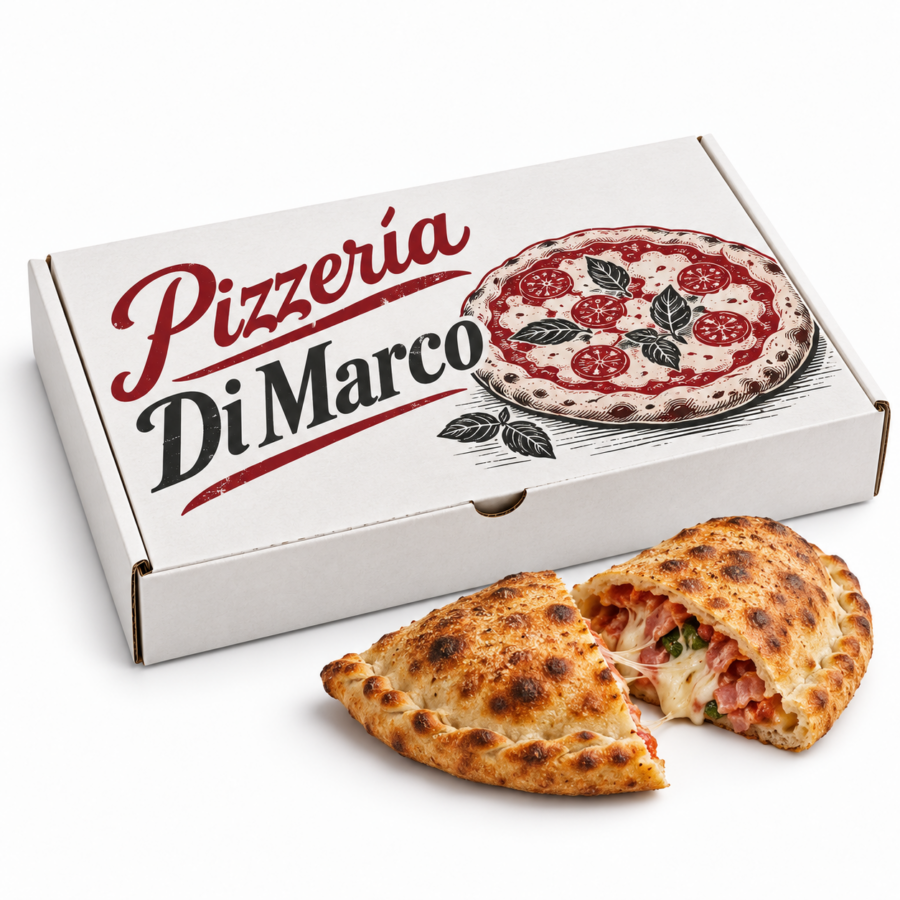 Caja blanca personalizada Pizzería Di Marco Caja blanca de Pizzería Di Marco con pizza impresa y calzone abierto al lado