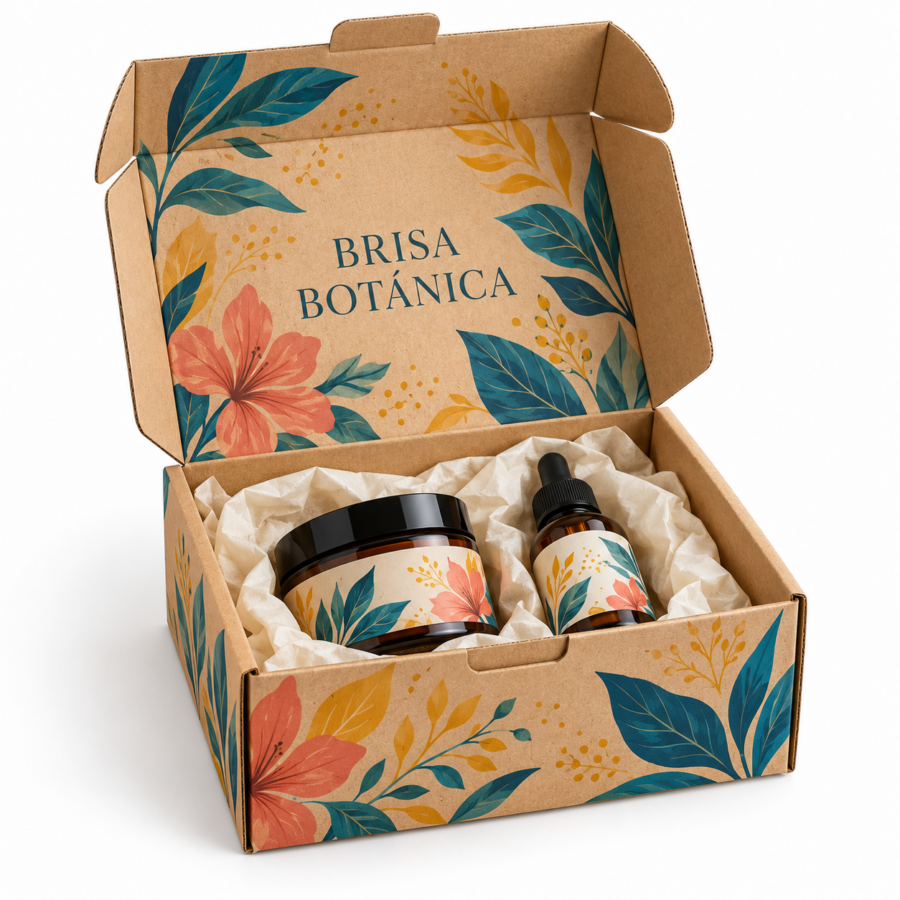 Caja personalizada con impresión digital BRISA BOTÁNICA Caja automontable abierta con impresión digital a todo color y cosmética
