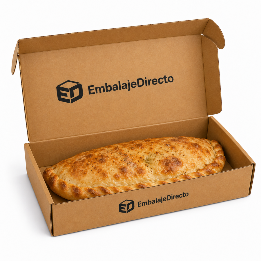 Caja abierta para pizza calzone Caja pizza calzone abierta con un calzone en el interior
